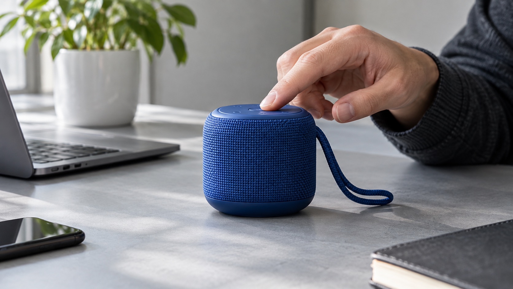 Illustrative product demo showing a hand operating a blue speaker